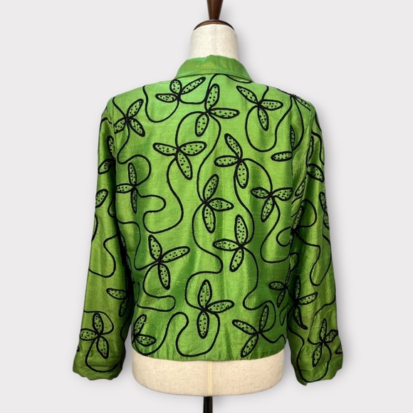 VINTAGE 90s Anage 100% Silk Women Jacket Blazer Embroider Green Christmas SMALL - Picture 2 of 16